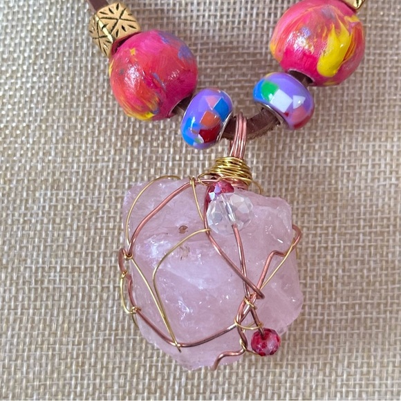 Pink Quartz Crystal Wire Wrapped Stone Pendant Necklace Handmade Leather Cord - Picture 1 of 12